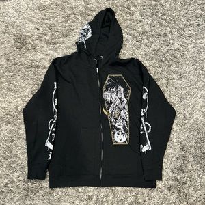 independent trading co. zipup with designs on hood and sleeves